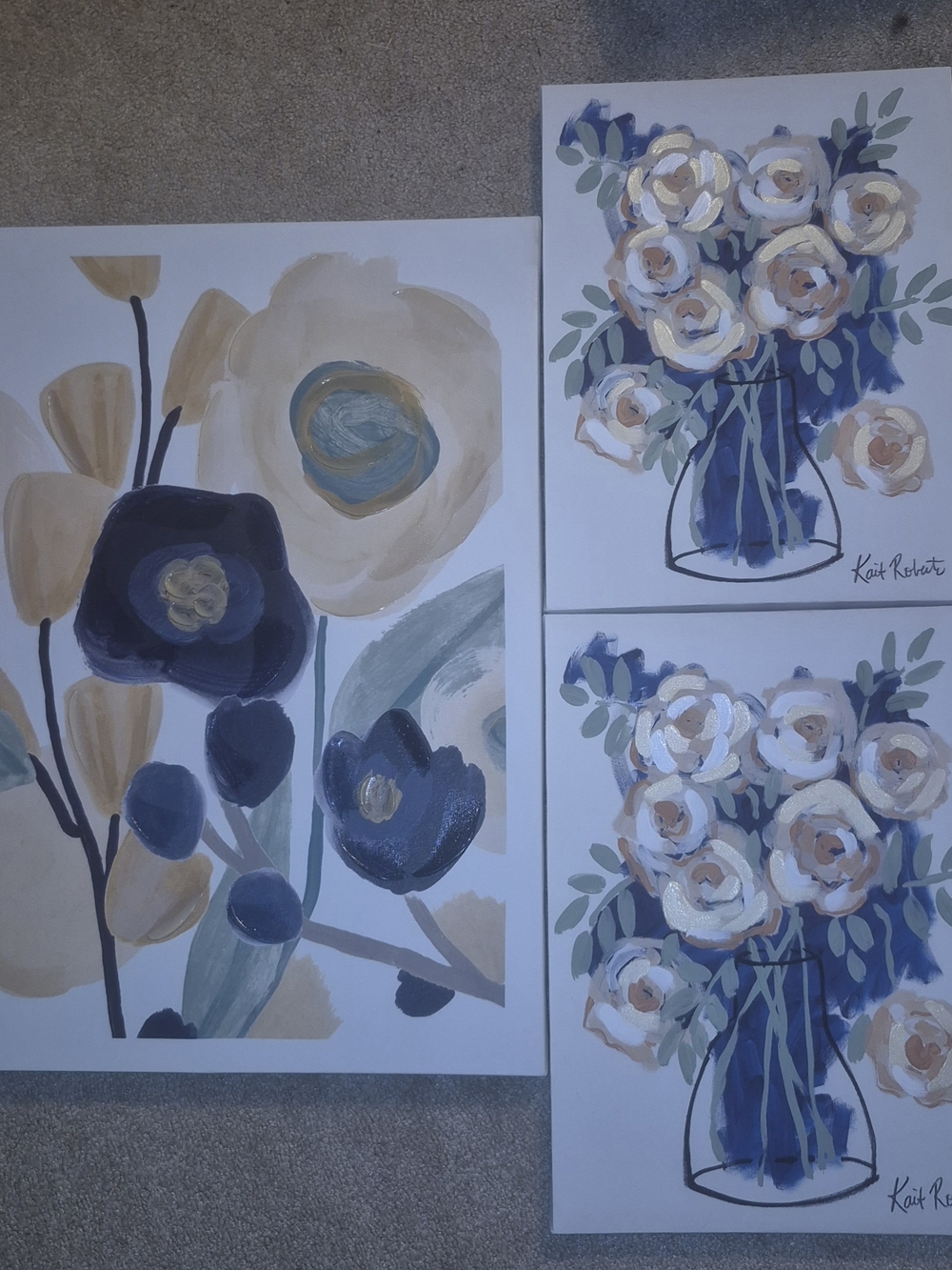 Blue and Cream Floral Wall Art Set - Unbranded